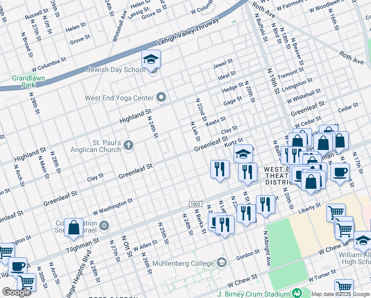 map of restaurants, bars, coffee shops, grocery stores, and more near 920 North 23rd Street in Allentown