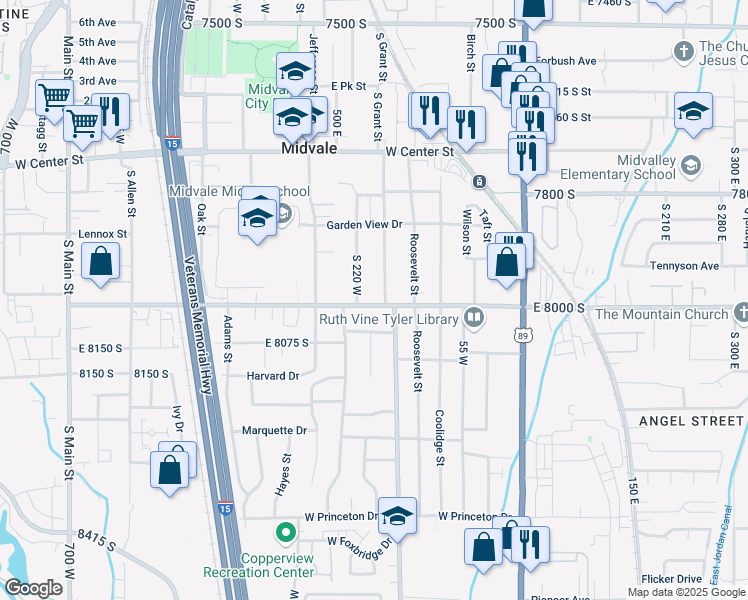 map of restaurants, bars, coffee shops, grocery stores, and more near 188 Wasatch Street in Midvale