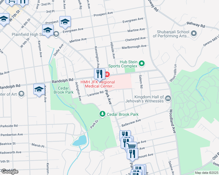 map of restaurants, bars, coffee shops, grocery stores, and more near 1225 Park Avenue in Plainfield