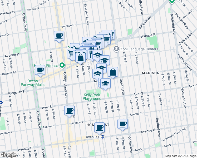 map of restaurants, bars, coffee shops, grocery stores, and more near 1784 East 17th Street in Brooklyn