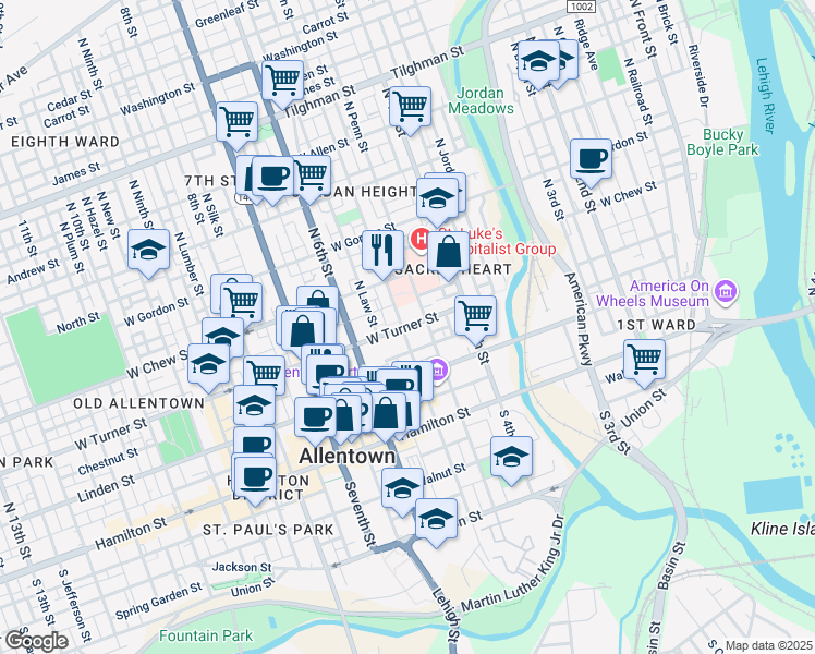 map of restaurants, bars, coffee shops, grocery stores, and more near 476 West Turner Street in Allentown