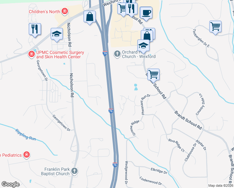 map of restaurants, bars, coffee shops, grocery stores, and more near 2650 Quail Ridge Lane in Wexford