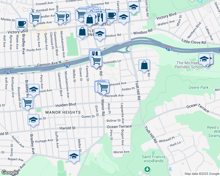 map of restaurants, bars, coffee shops, grocery stores, and more near 266 Westwood Avenue in Staten Island