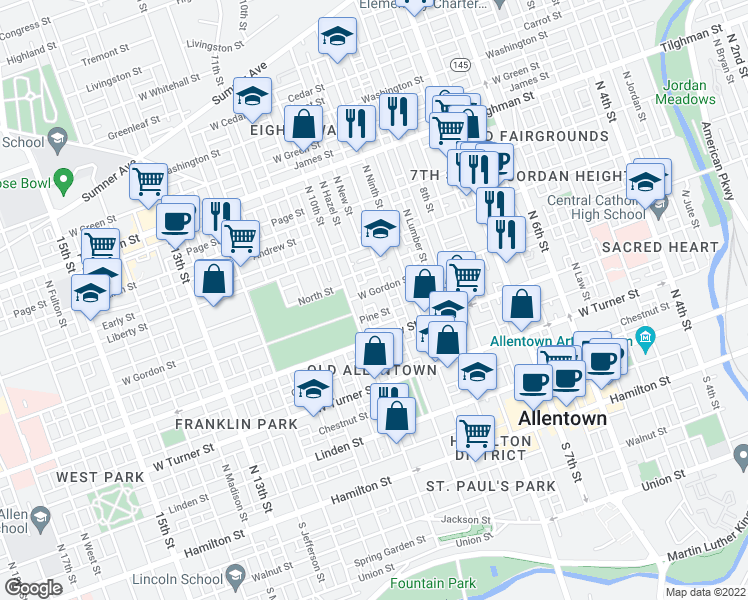 map of restaurants, bars, coffee shops, grocery stores, and more near 942 West Gordon Street in Allentown