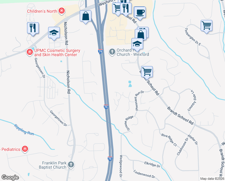 map of restaurants, bars, coffee shops, grocery stores, and more near 2650 Quail Ridge Lane in Wexford
