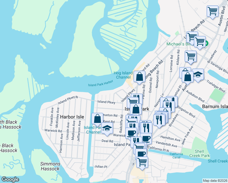 map of restaurants, bars, coffee shops, grocery stores, and more near 22 Roosevelt Place in Island Park