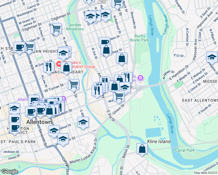 map of restaurants, bars, coffee shops, grocery stores, and more near st.John Avenue in Allentown