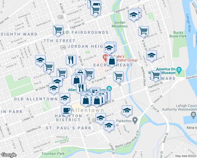 map of restaurants, bars, coffee shops, grocery stores, and more near 505 1/2 West Turner Street in Allentown