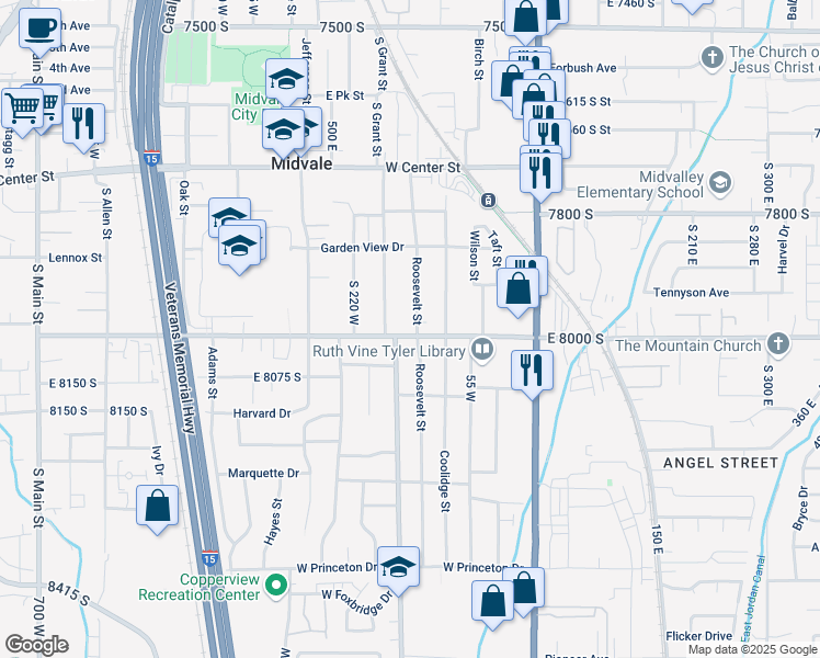 map of restaurants, bars, coffee shops, grocery stores, and more near 7994 Roosevelt Street in Midvale