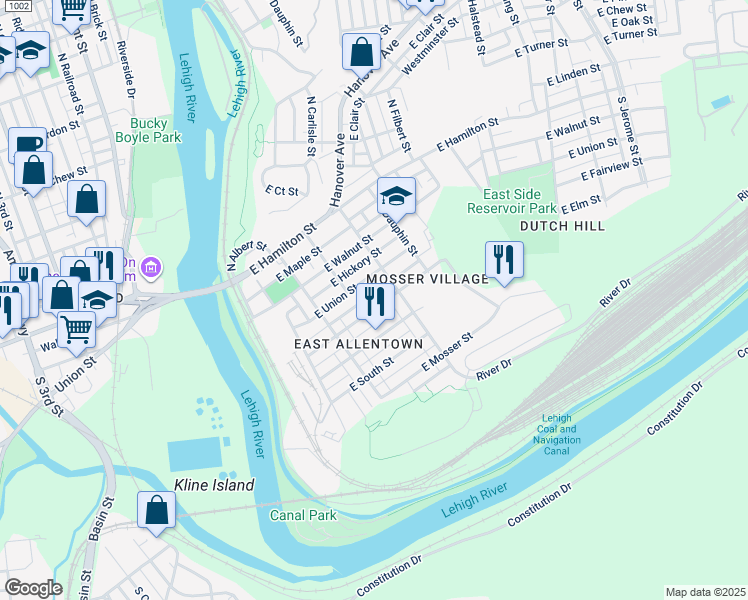 map of restaurants, bars, coffee shops, grocery stores, and more near 271 East Fairview Street in Allentown