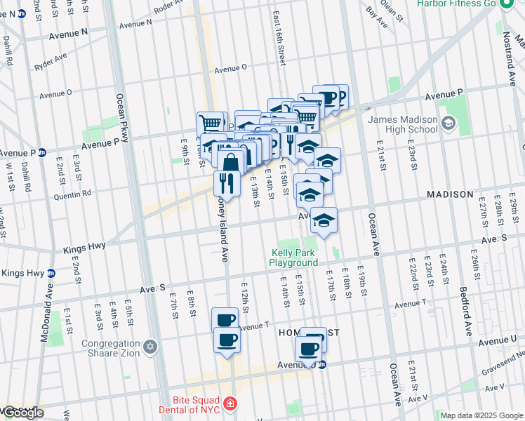 map of restaurants, bars, coffee shops, grocery stores, and more near 1775 East 13th Street in Brooklyn