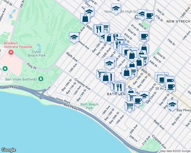 map of restaurants, bars, coffee shops, grocery stores, and more near 162 Bay 13th St in Brooklyn