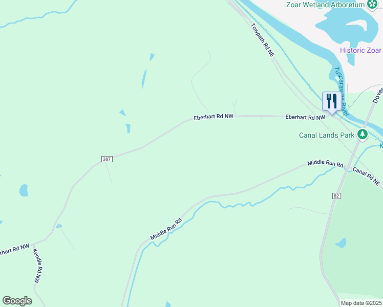 map of restaurants, bars, coffee shops, grocery stores, and more near 8589 Eberhart Road Northwest in Dover