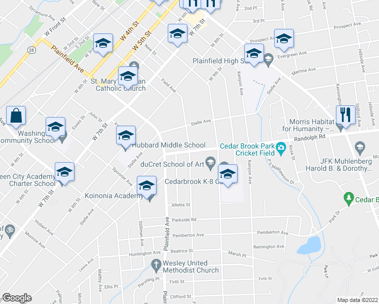 map of restaurants, bars, coffee shops, grocery stores, and more near 1001 Field Avenue in Plainfield