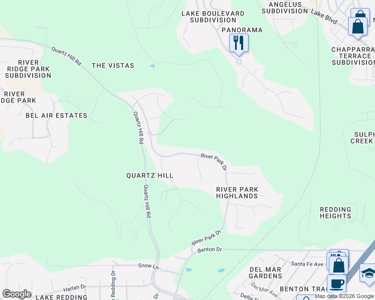 map of restaurants, bars, coffee shops, grocery stores, and more near 353 River Park Drive in Redding