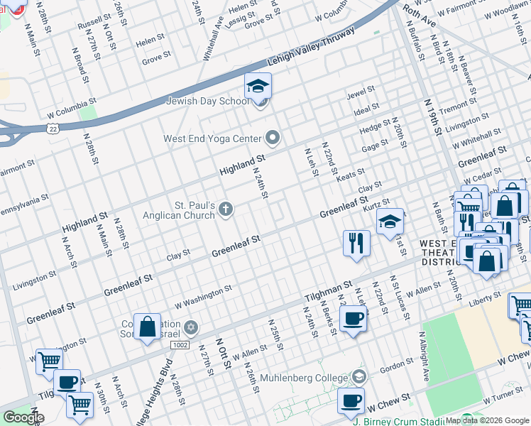 map of restaurants, bars, coffee shops, grocery stores, and more near 937 North 24th Street in Allentown