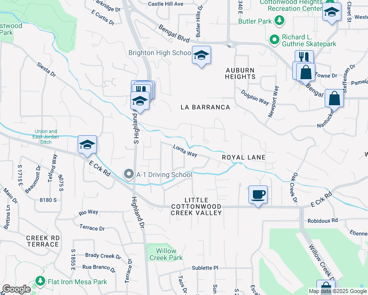 map of restaurants, bars, coffee shops, grocery stores, and more near 2161 Lorita Way in Cottonwood Heights