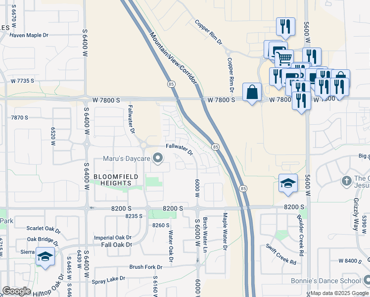 map of restaurants, bars, coffee shops, grocery stores, and more near 6102 Fallwater Drive in West Jordan