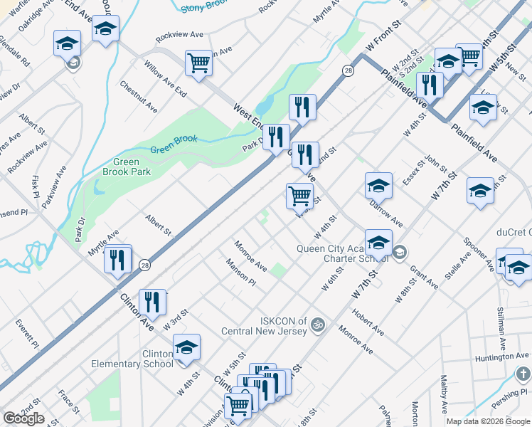 map of restaurants, bars, coffee shops, grocery stores, and more near 925 South 2nd Street in Plainfield