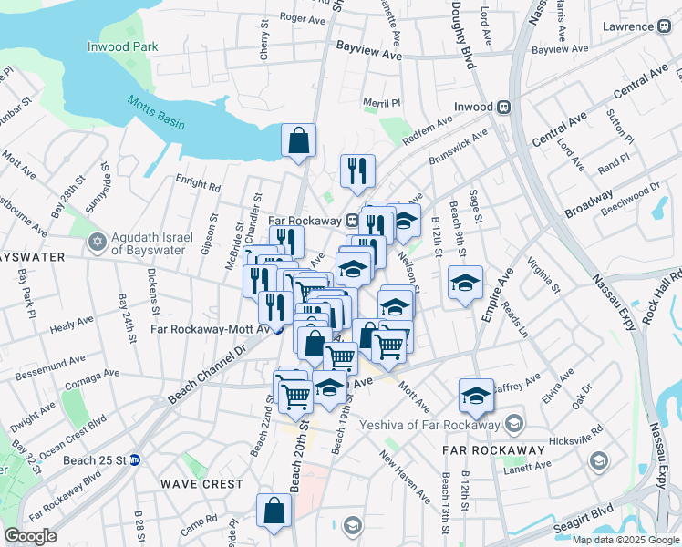 map of restaurants, bars, coffee shops, grocery stores, and more near 20-02 Bayport Place in Queens