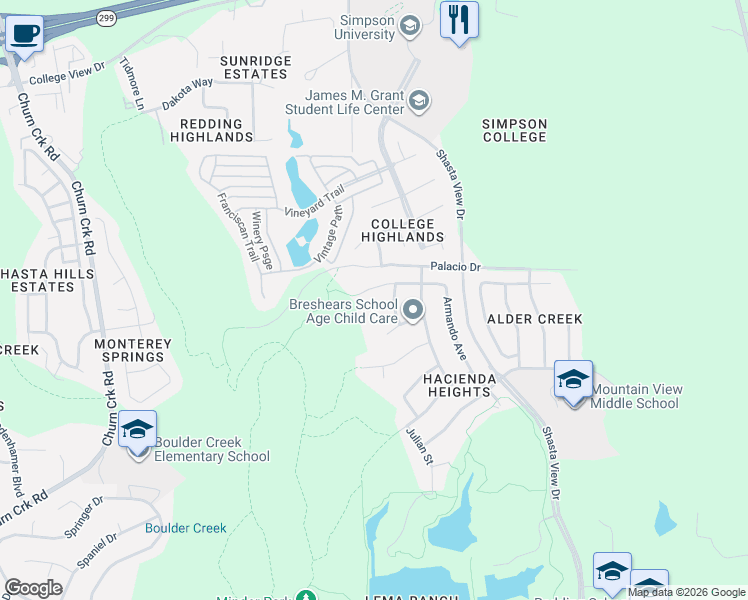 map of restaurants, bars, coffee shops, grocery stores, and more near 2051 Cilantro Drive in Redding