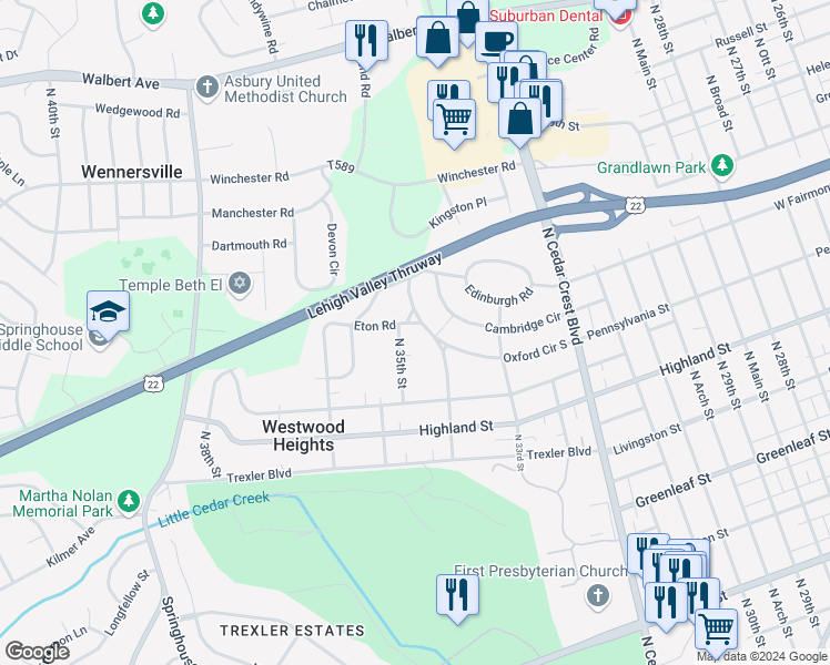 map of restaurants, bars, coffee shops, grocery stores, and more near 3424 Oxford Circle in Allentown