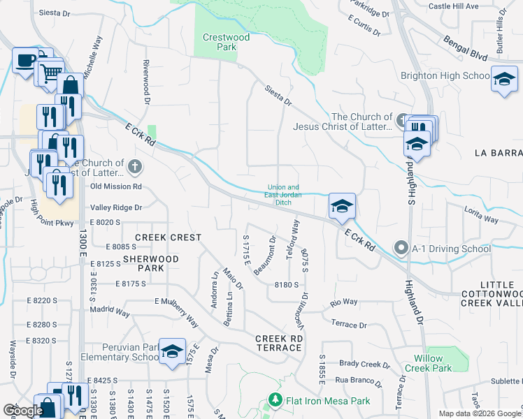 map of restaurants, bars, coffee shops, grocery stores, and more near 1761 Little Cottonwood Creek Road in Cottonwood Heights