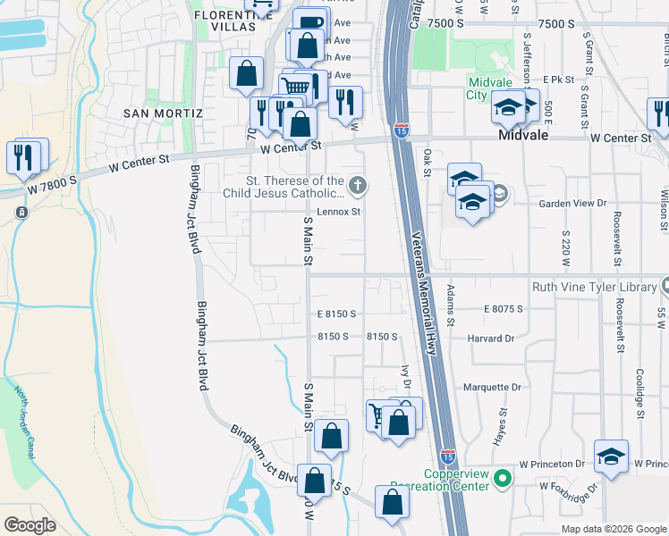 map of restaurants, bars, coffee shops, grocery stores, and more near 639 West Allen Cove in Midvale