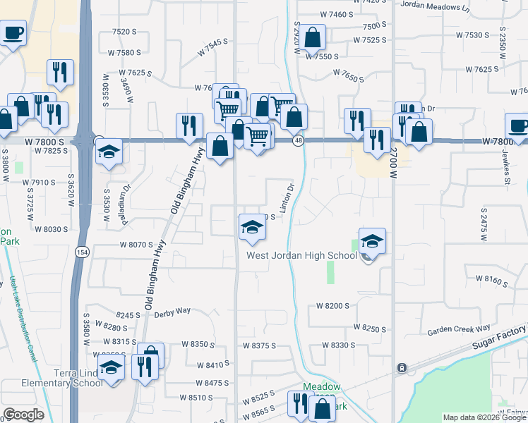 map of restaurants, bars, coffee shops, grocery stores, and more near 3129 West 7970 South in West Jordan