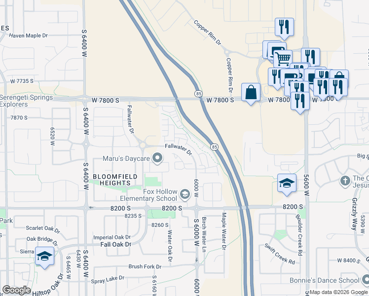 map of restaurants, bars, coffee shops, grocery stores, and more near 6053 7940 South in West Jordan