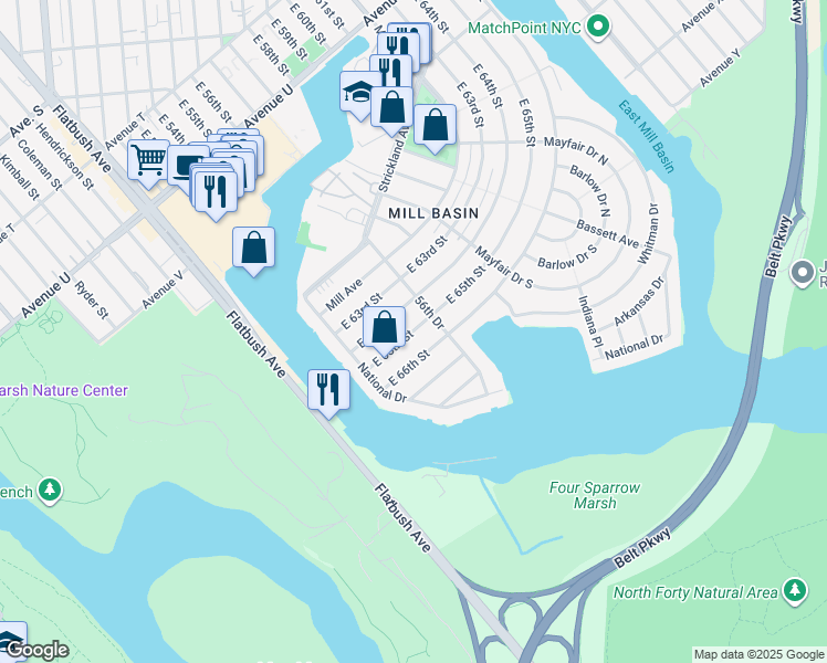map of restaurants, bars, coffee shops, grocery stores, and more near 2726 East 65th Street in Brooklyn