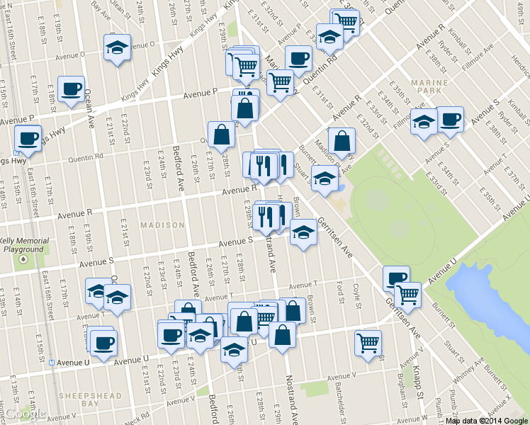 map of restaurants, bars, coffee shops, grocery stores, and more near 1838 Haring Street in Brooklyn