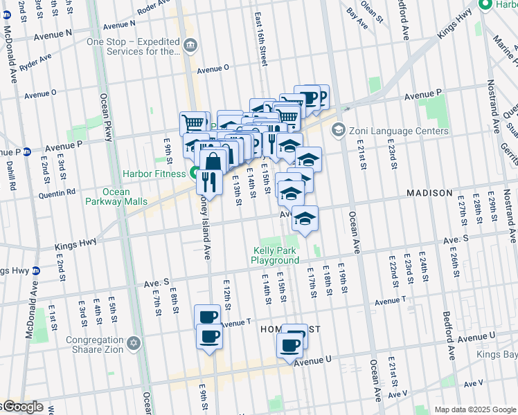 map of restaurants, bars, coffee shops, grocery stores, and more near 1770 East 14th Street in Brooklyn