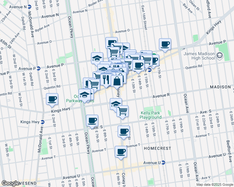 map of restaurants, bars, coffee shops, grocery stores, and more near 2084 Coney Island Avenue in Brooklyn