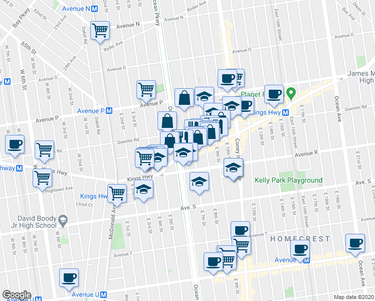 map of restaurants, bars, coffee shops, grocery stores, and more near 1729 Ocean Parkway in Brooklyn