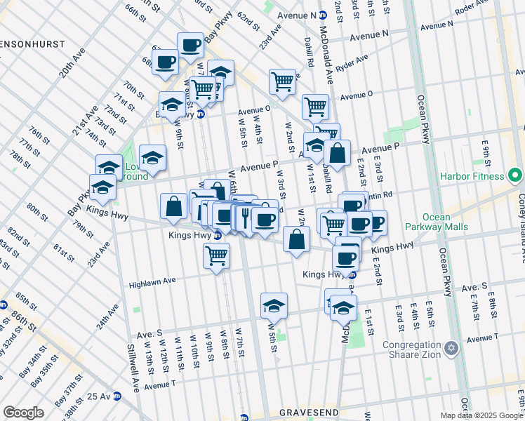 map of restaurants, bars, coffee shops, grocery stores, and more near 1664A West 5th Street in Brooklyn