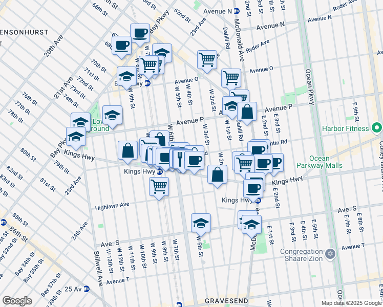 map of restaurants, bars, coffee shops, grocery stores, and more near 1664A West 5th Street in Brooklyn