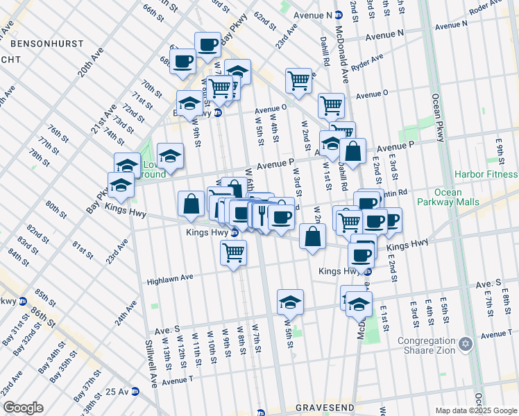 map of restaurants, bars, coffee shops, grocery stores, and more near 1664A West 5th Street in Brooklyn