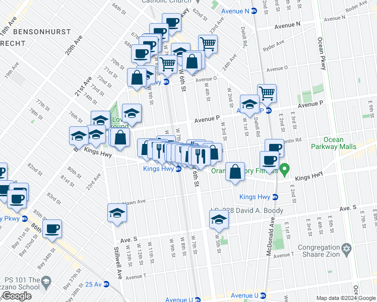 map of restaurants, bars, coffee shops, grocery stores, and more near 1659 West 7th Street in Brooklyn