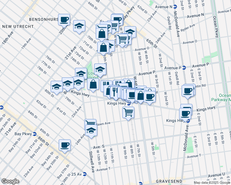 map of restaurants, bars, coffee shops, grocery stores, and more near 1647 West 10th Street in Brooklyn