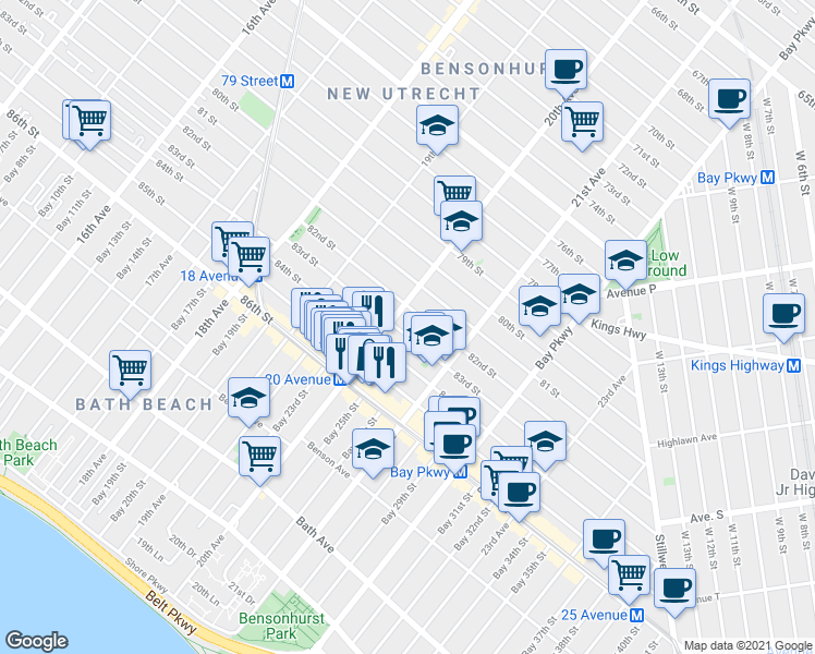 map of restaurants, bars, coffee shops, grocery stores, and more near 8214 20th Avenue in Brooklyn