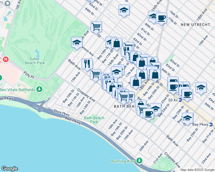 map of restaurants, bars, coffee shops, grocery stores, and more near 130 Bay 14th Street in Brooklyn