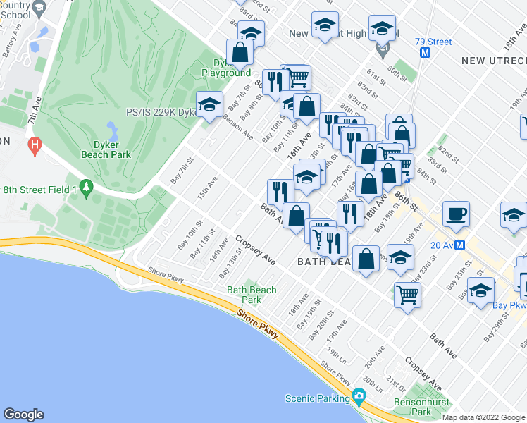 map of restaurants, bars, coffee shops, grocery stores, and more near 162 Bay 13th Street in Brooklyn