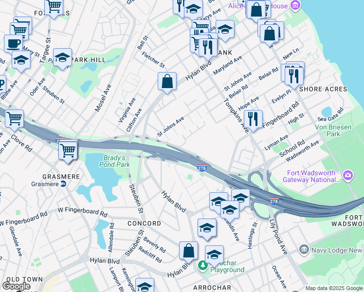 map of restaurants, bars, coffee shops, grocery stores, and more near 135 North Drive in Staten Island