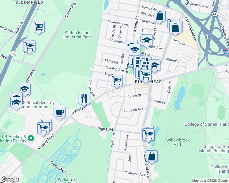 map of restaurants, bars, coffee shops, grocery stores, and more near 7 Nostrand Avenue in Staten Island