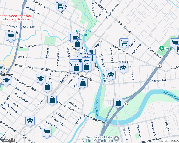 map of restaurants, bars, coffee shops, grocery stores, and more near 1489 Main Street in Rahway