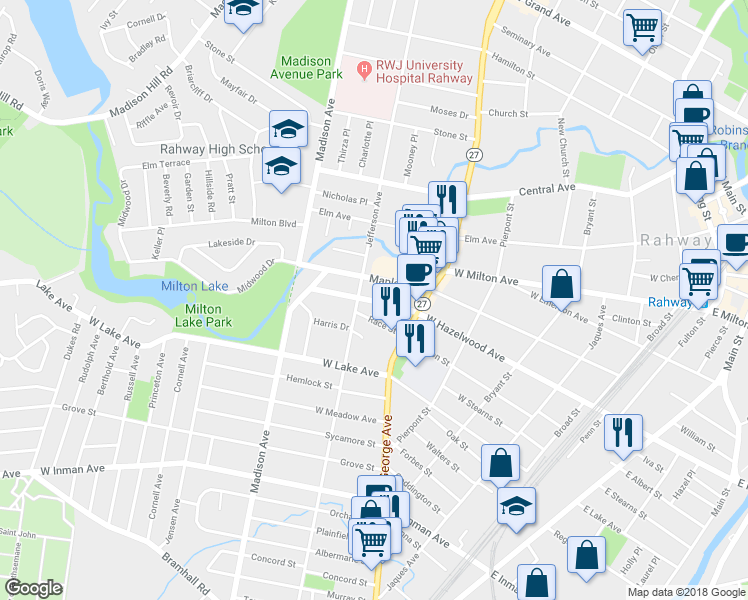 map of restaurants, bars, coffee shops, grocery stores, and more near 565 West Hazelwood Avenue in Rahway