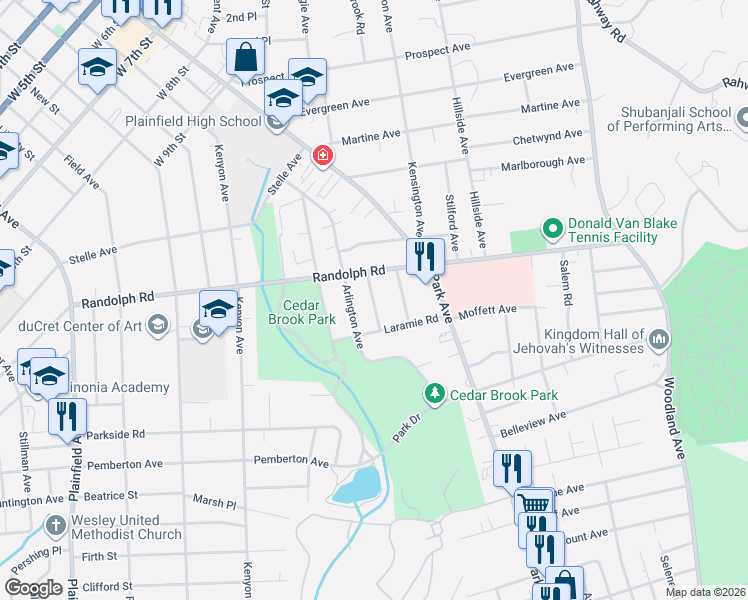 map of restaurants, bars, coffee shops, grocery stores, and more near 1217-19 Cameron Avenue in Plainfield