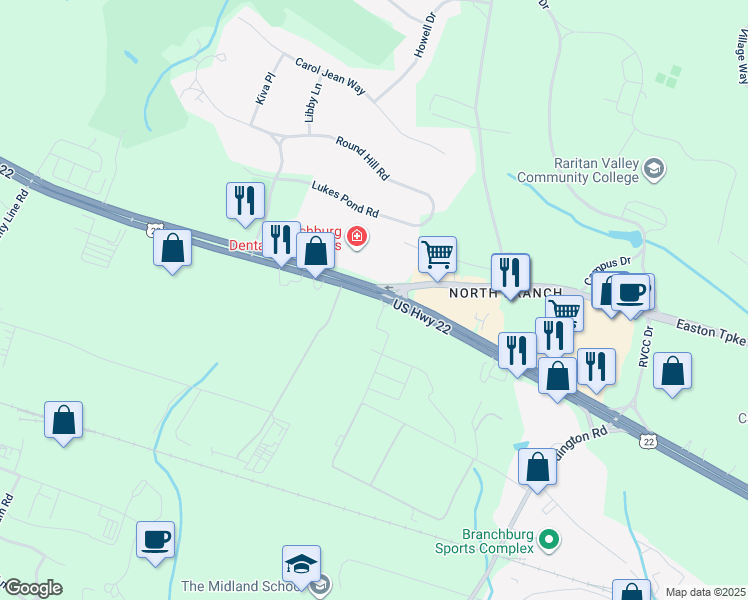 map of restaurants, bars, coffee shops, grocery stores, and more near 3290 U.S. 22 in Somerville