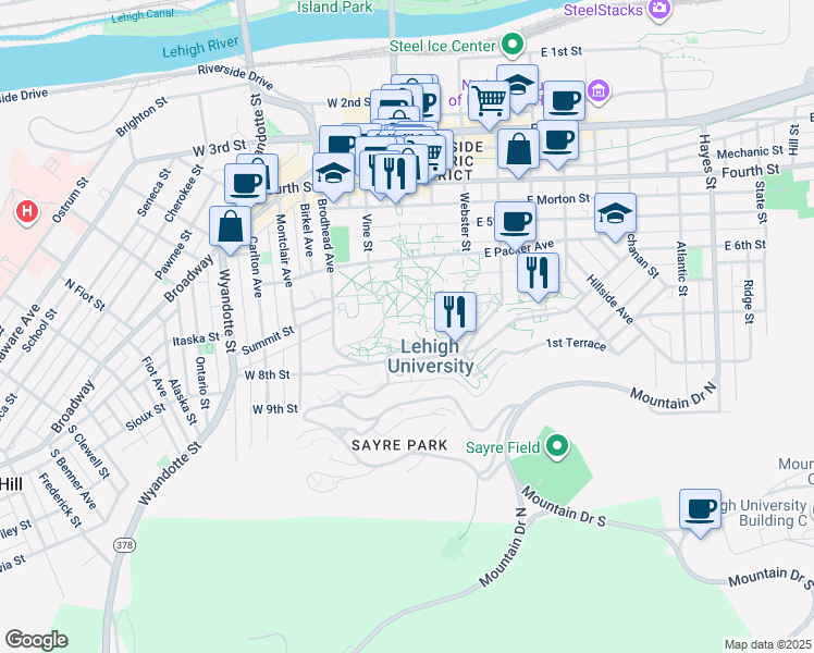 map of restaurants, bars, coffee shops, grocery stores, and more near in Bethlehem